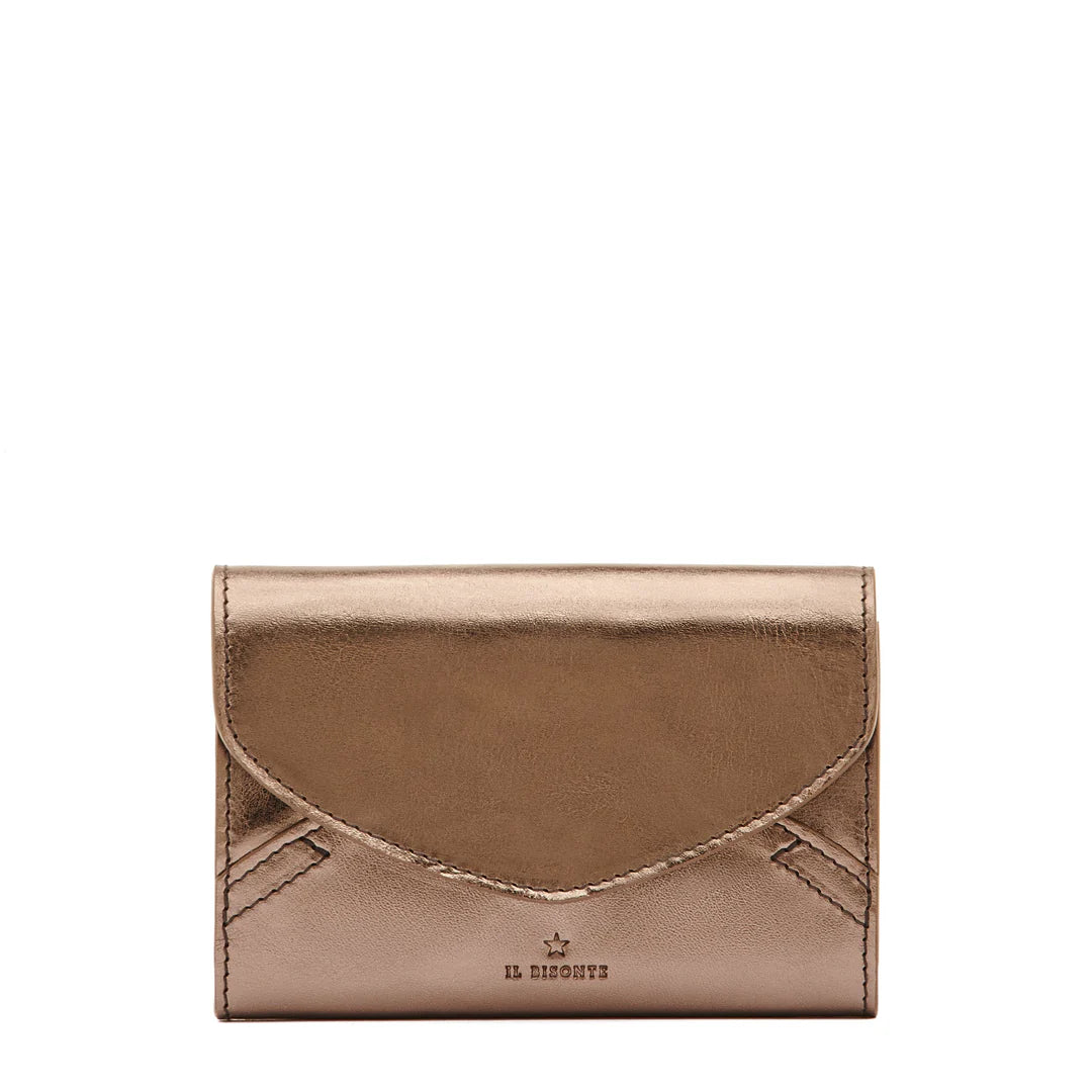Bronze Italian leather Esperia Wallet by Il Bisonte featuring snap closure, zip coin pocket, and accordion compartments.