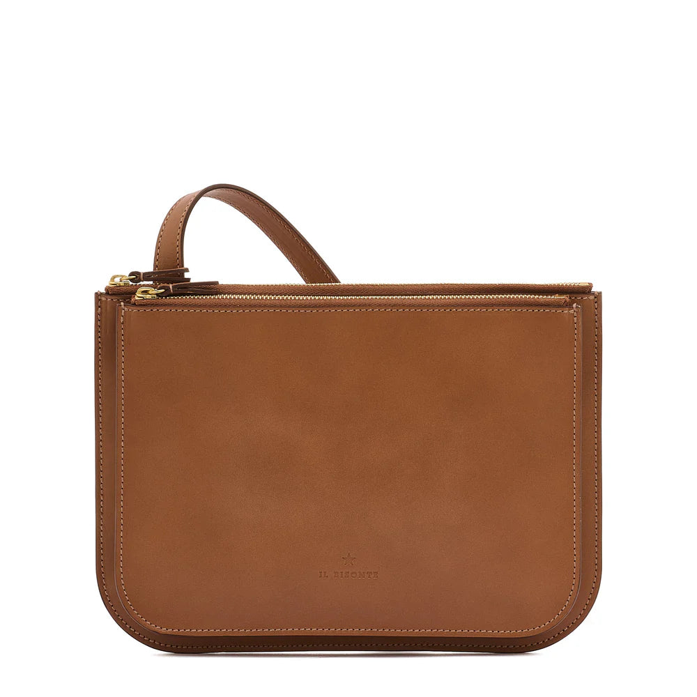 Smooth Italian leather crossbody bag by Il Bisonte, handmade in Tuscany with brass stud strap adjustment.