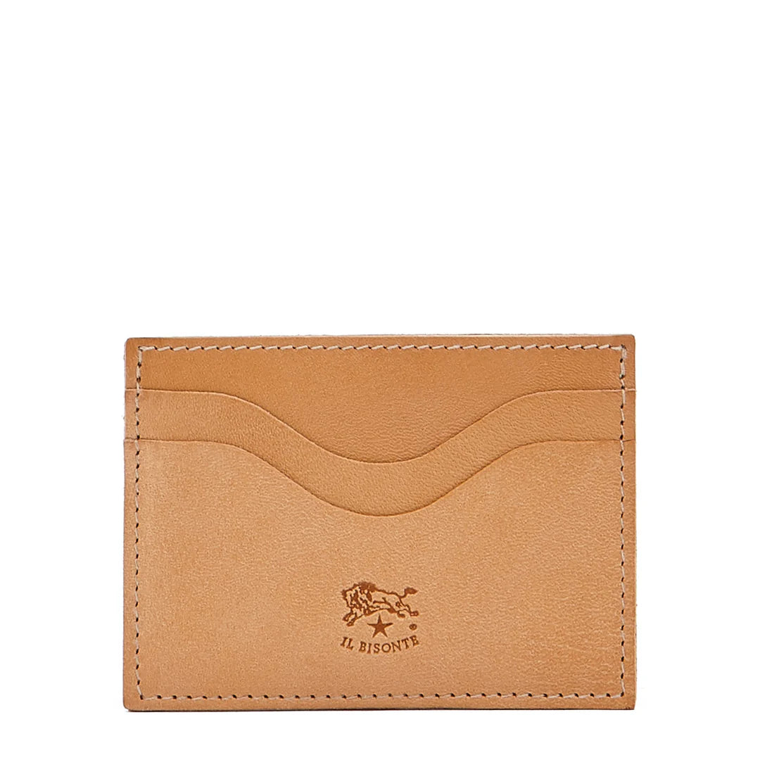 Handmade Italian leather card case by Il Bisonte, crafted in Tuscany with four card slots and one ID slot.