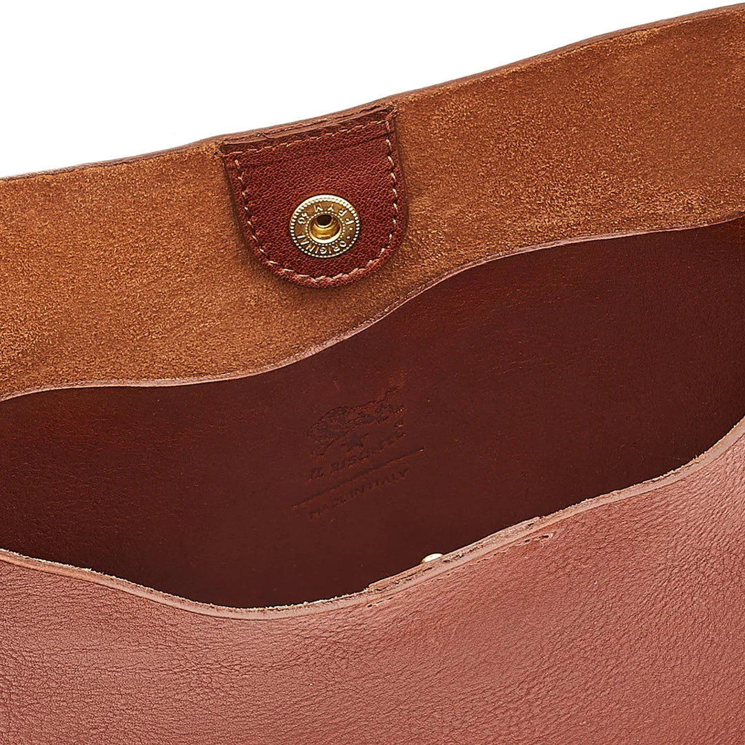 Close-up of Il Bisonte Seppia crossbody bag showing fine Tuscan craftsmanship and patina.