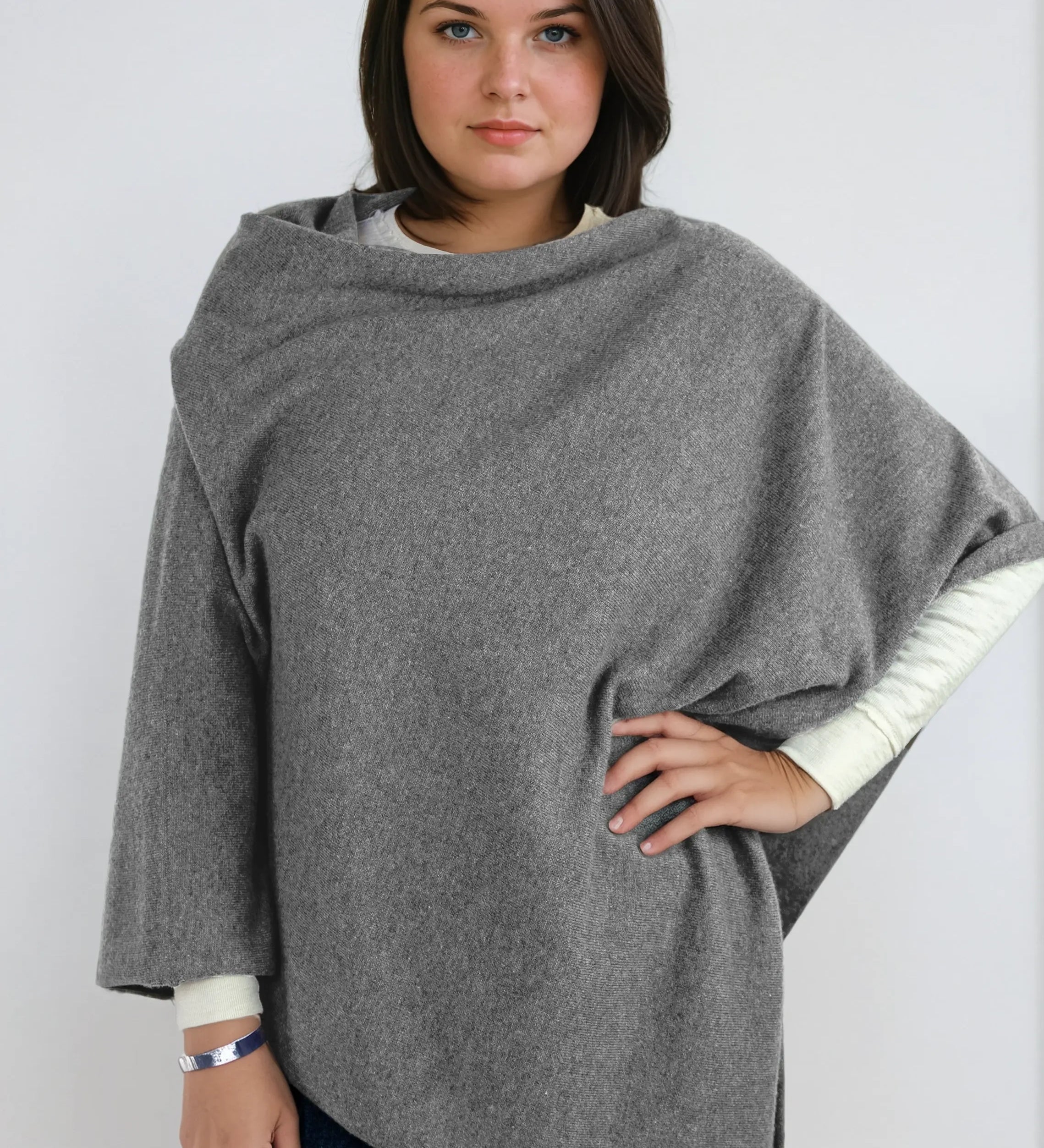 light gray cashmere Scottish cashmere poncho designed in Telluride and made in the USA. A versatile, elegant winter wrap for all body types.