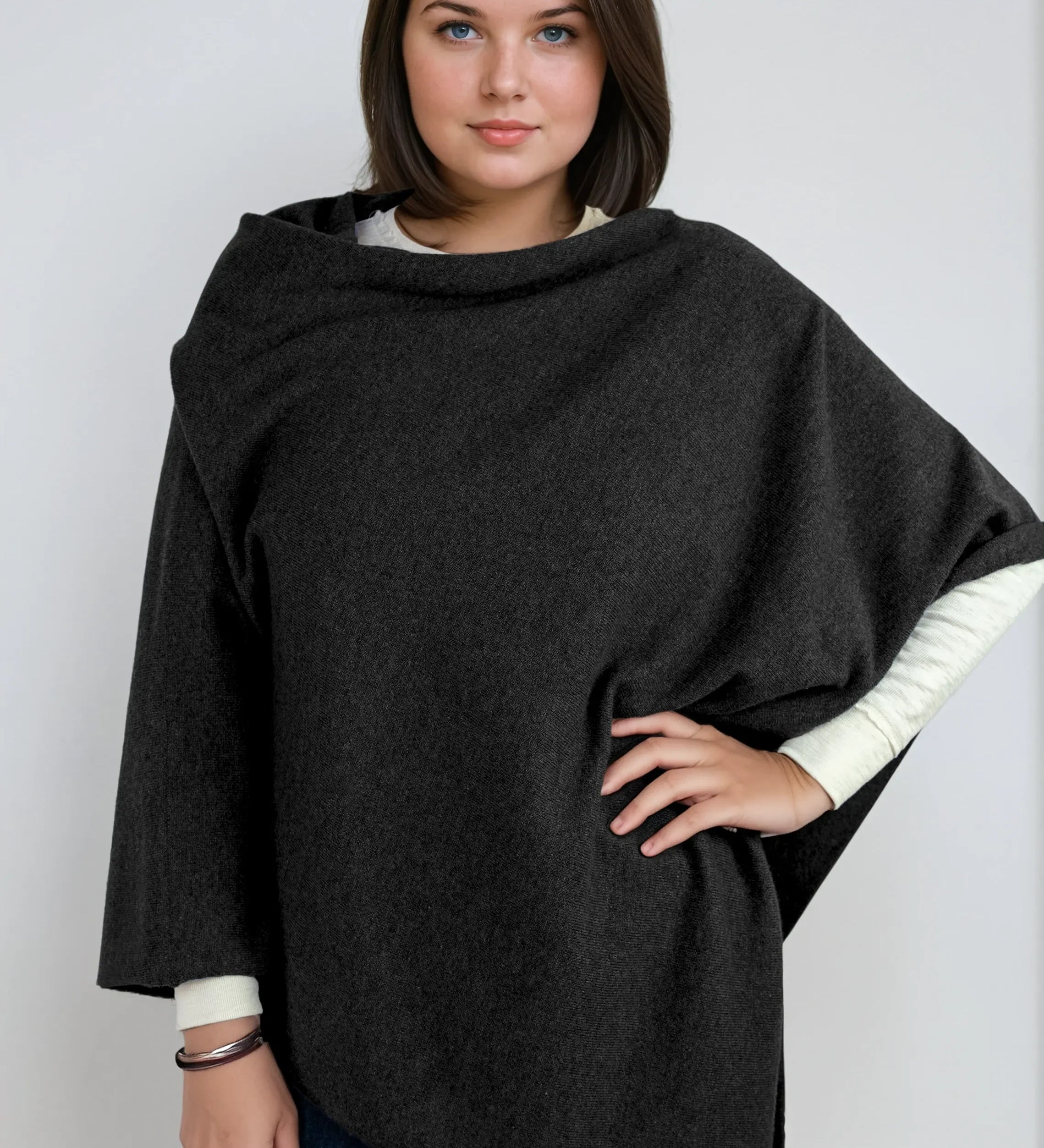 charcoal gray cashmere Scottish cashmere poncho designed in Telluride and made in the USA. A versatile, elegant winter wrap for all body types.