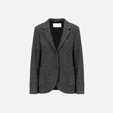 Close-up of Harris Wharf Stand-Up Collar Boyfriend Blazer showing Italian-made moleskin fabric, collar button closure, and raw-edge finish