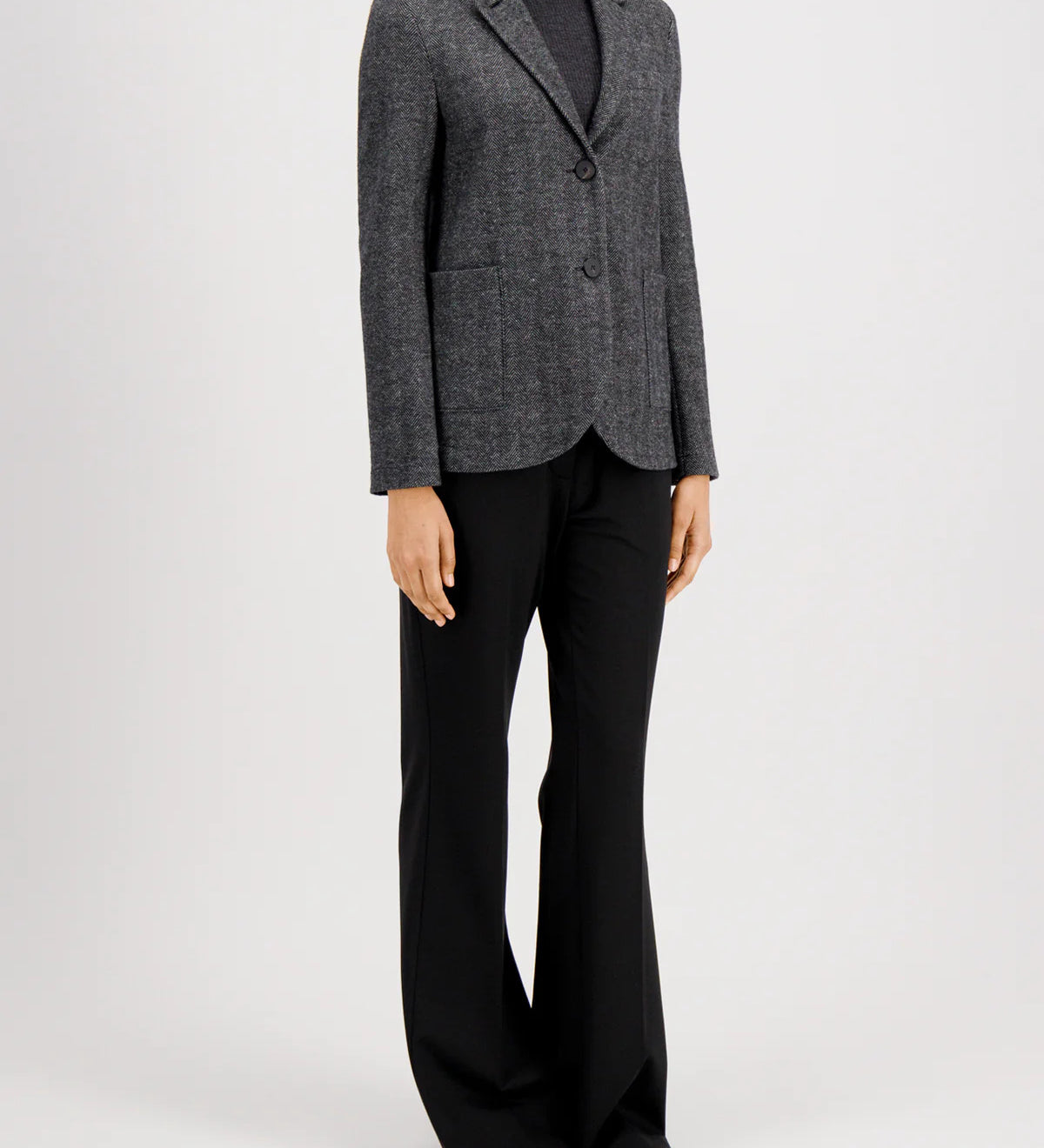 Harris Wharf Stand-Up Collar Boyfriend Blazer in Salt & Pepper patterned moleskin, unlined Italian-made blazer with patch pockets, front view