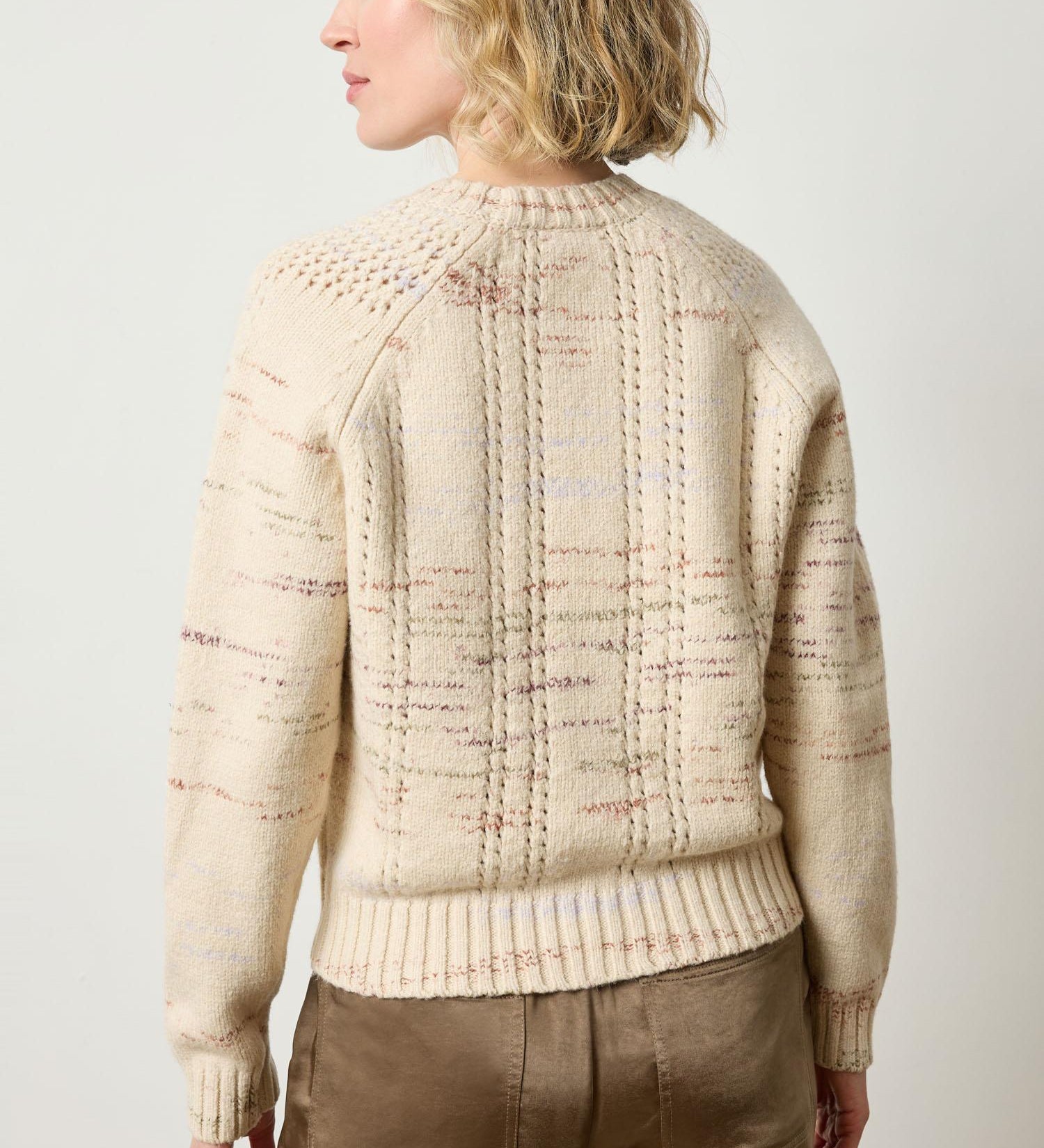 Back view of Lilla P Open Stitch Crewneck Sweater in space-dyed yarn with relaxed blouson hem and chunky neckline