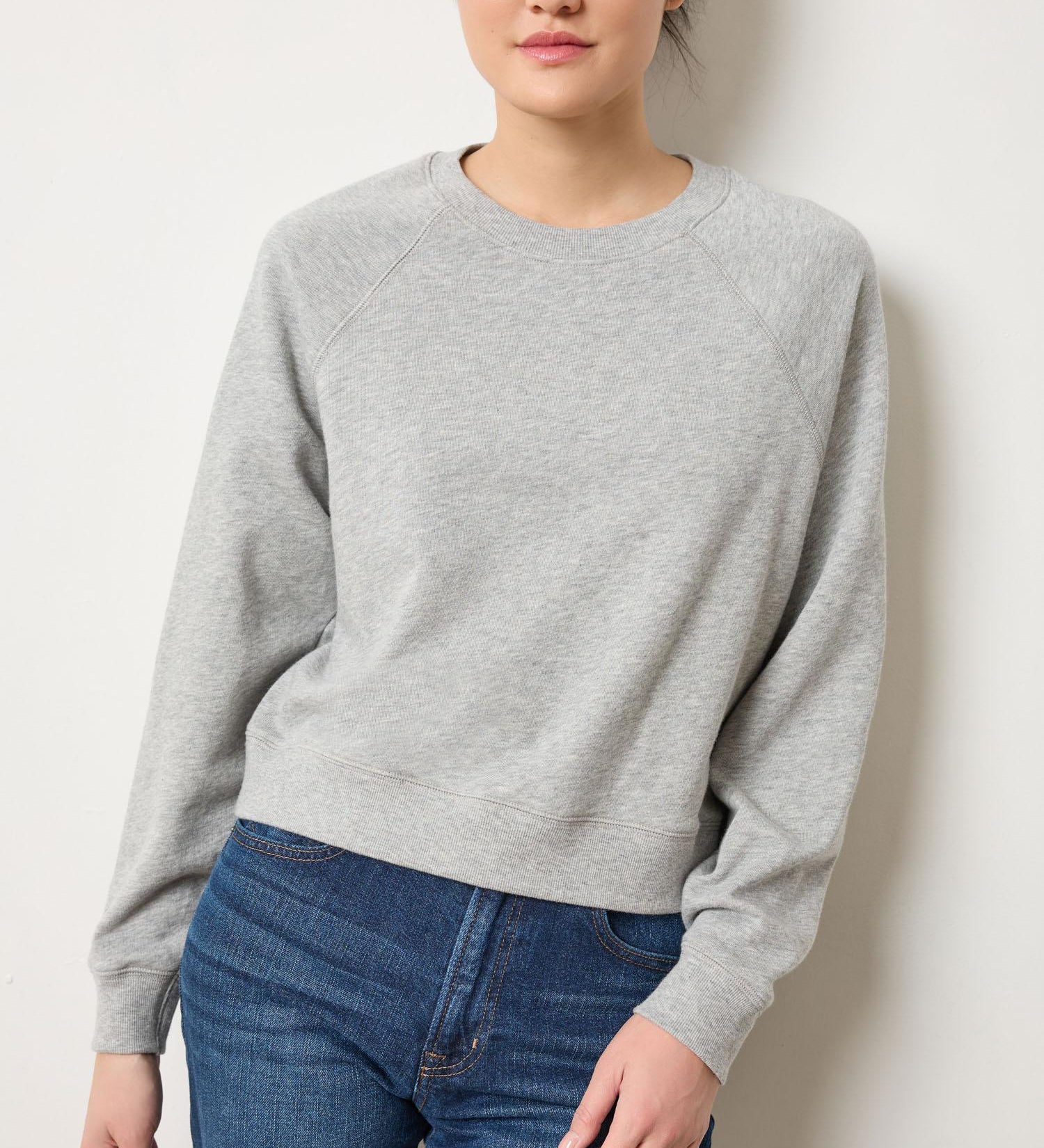 Lilla P Raglan Sweatshirt in French Terry cotton, neutral colorway with shorter length and raglan sleeves, modern pullover, front view