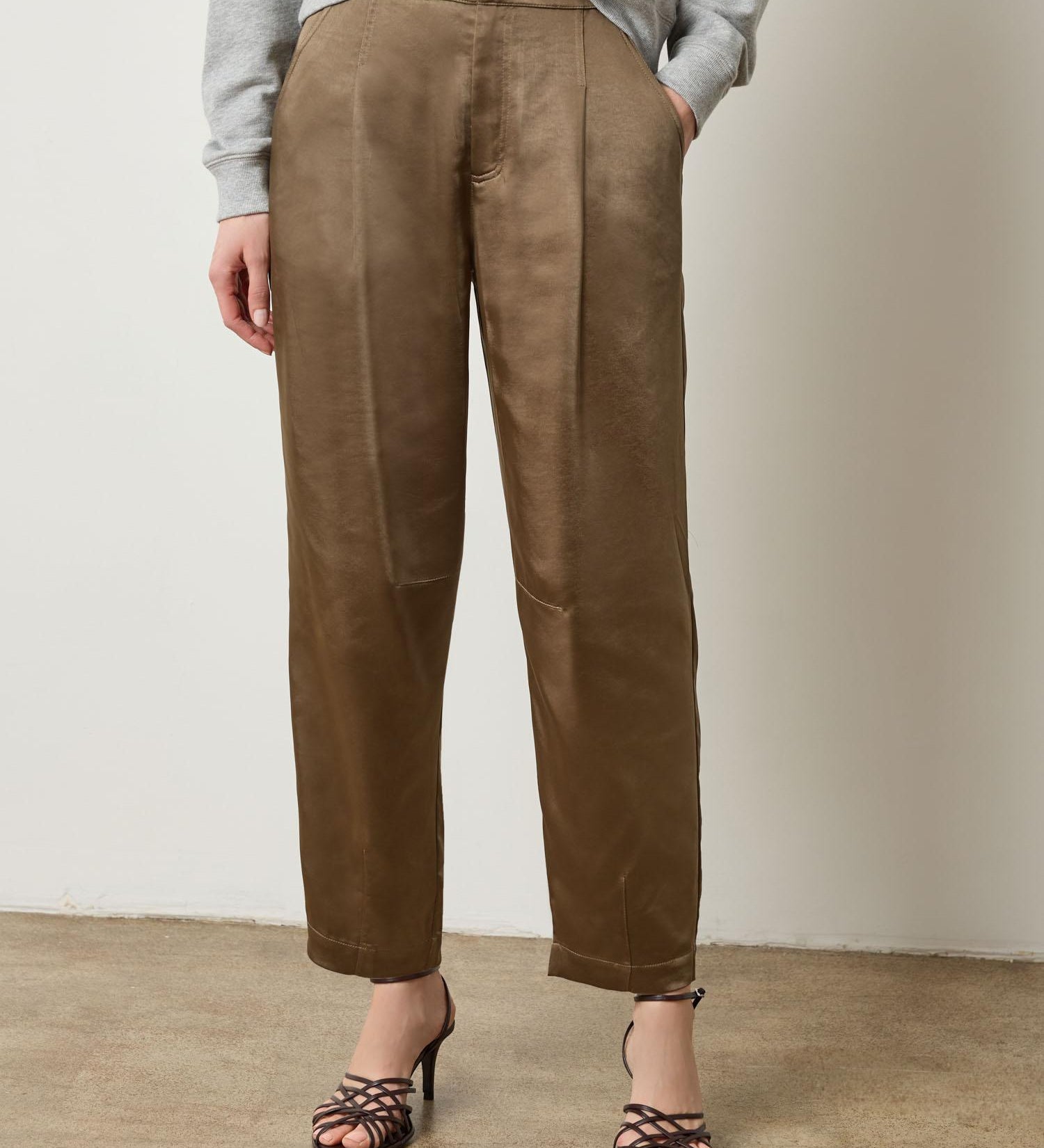 Lilla P Satin Fly Front Pant in satin twill, neutral colorway with fly front, elastic back, and relaxed silhouette, front view