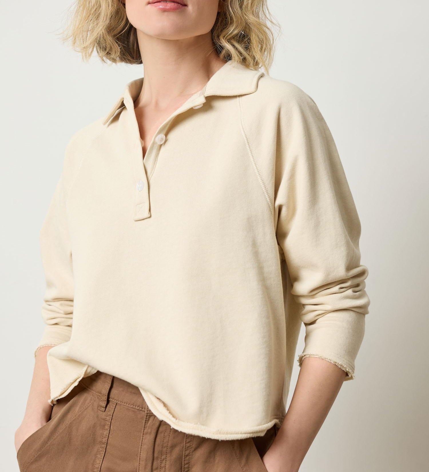 Lilla P Shirttail Polo sweatshirt top in French Terry cotton, neutral colorway with collar and button placket, relaxed fit, front view