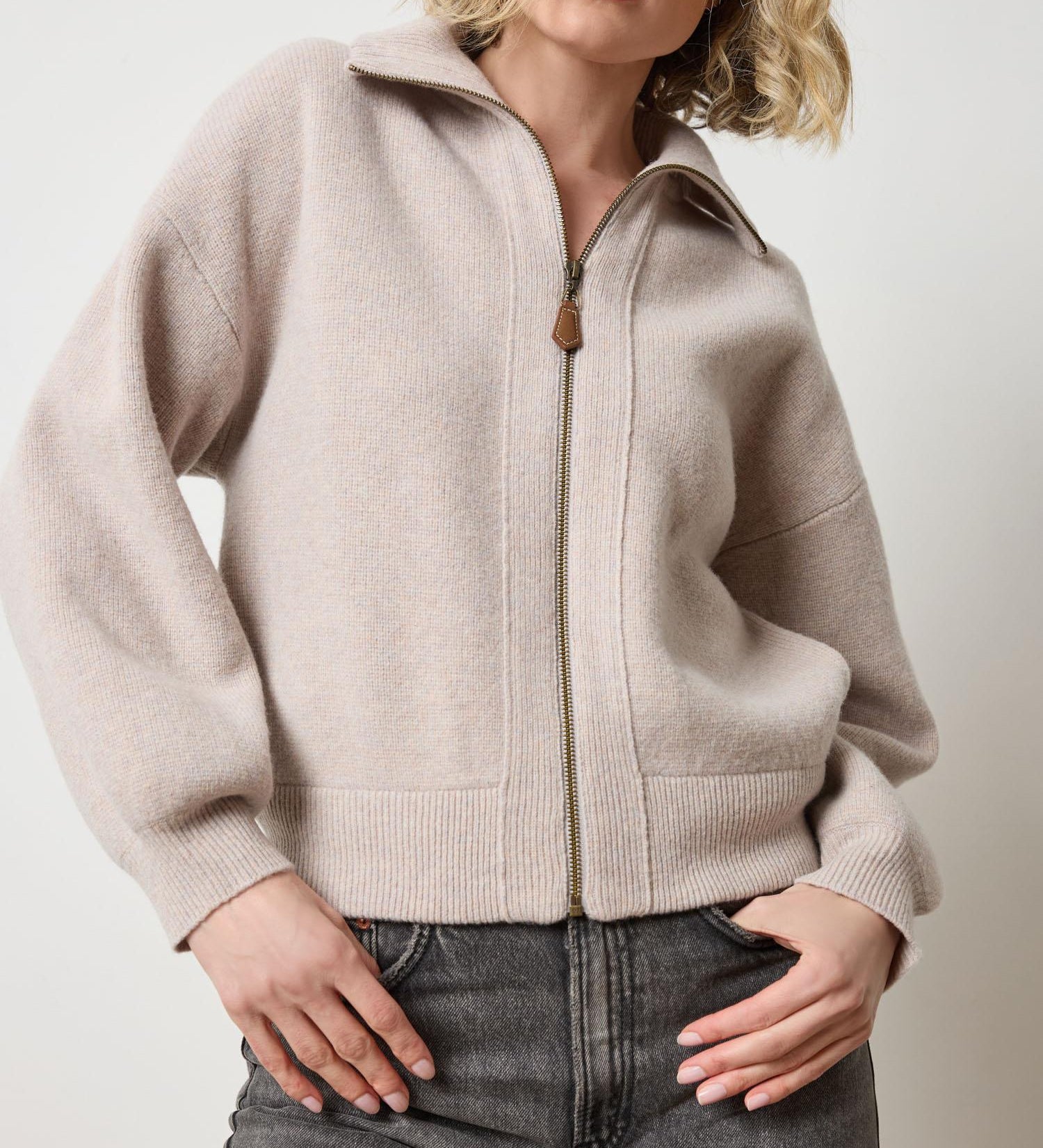 Lilla P Zip-Front Bomber Sweater in soft knit fabric, neutral colorway, relaxed bomber silhouette with zip closure, front view
