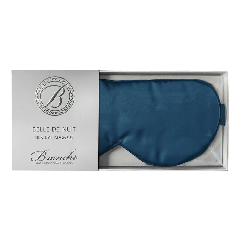 Sapphire blue silk eye mask by Branché, handcrafted for luxurious, restorative sleep.