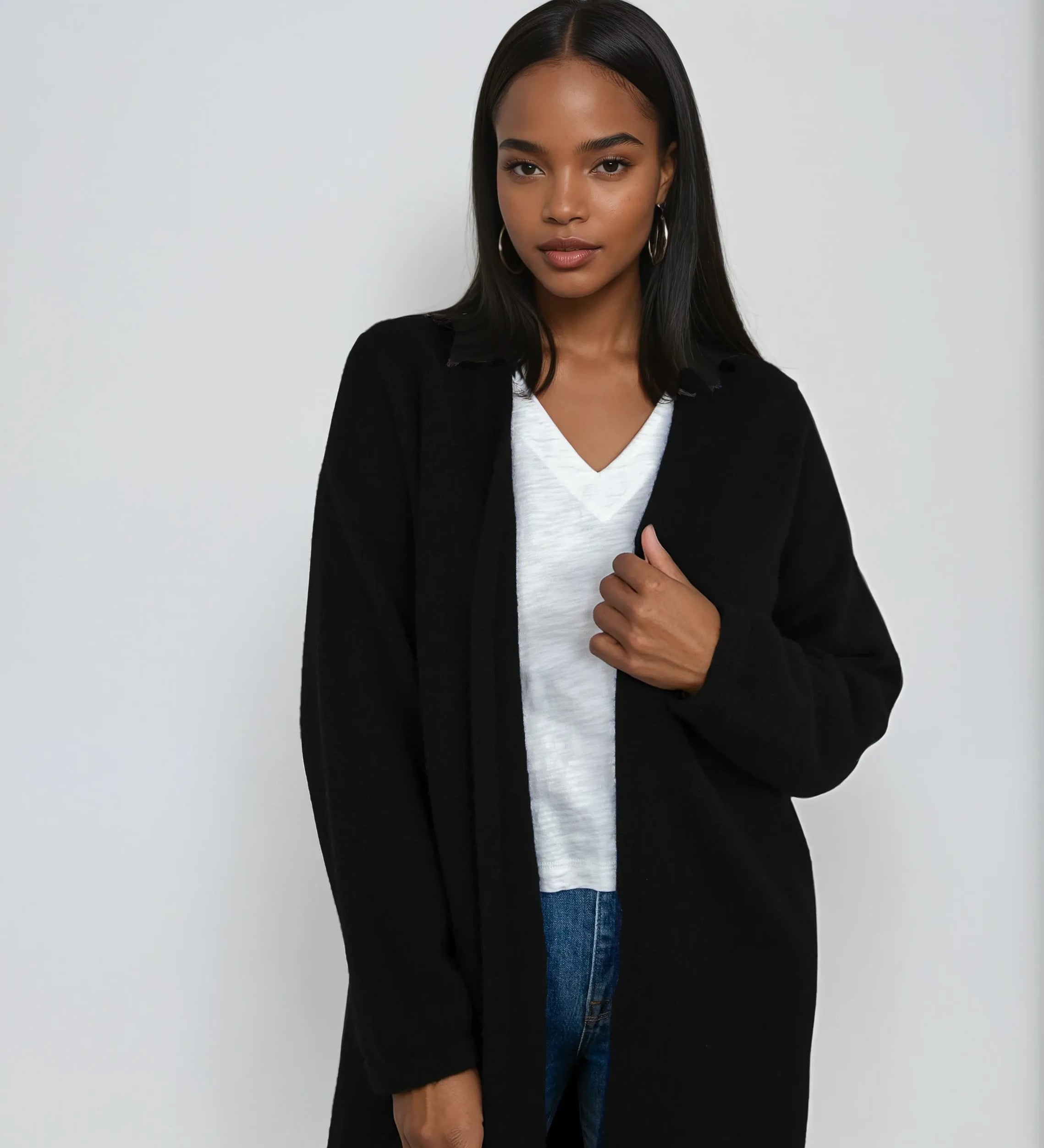 Minimalist cashmere robe coat with no buttons, designed in Telluride and made in the USA. Perfect for moms, errands, or cozy mornings.