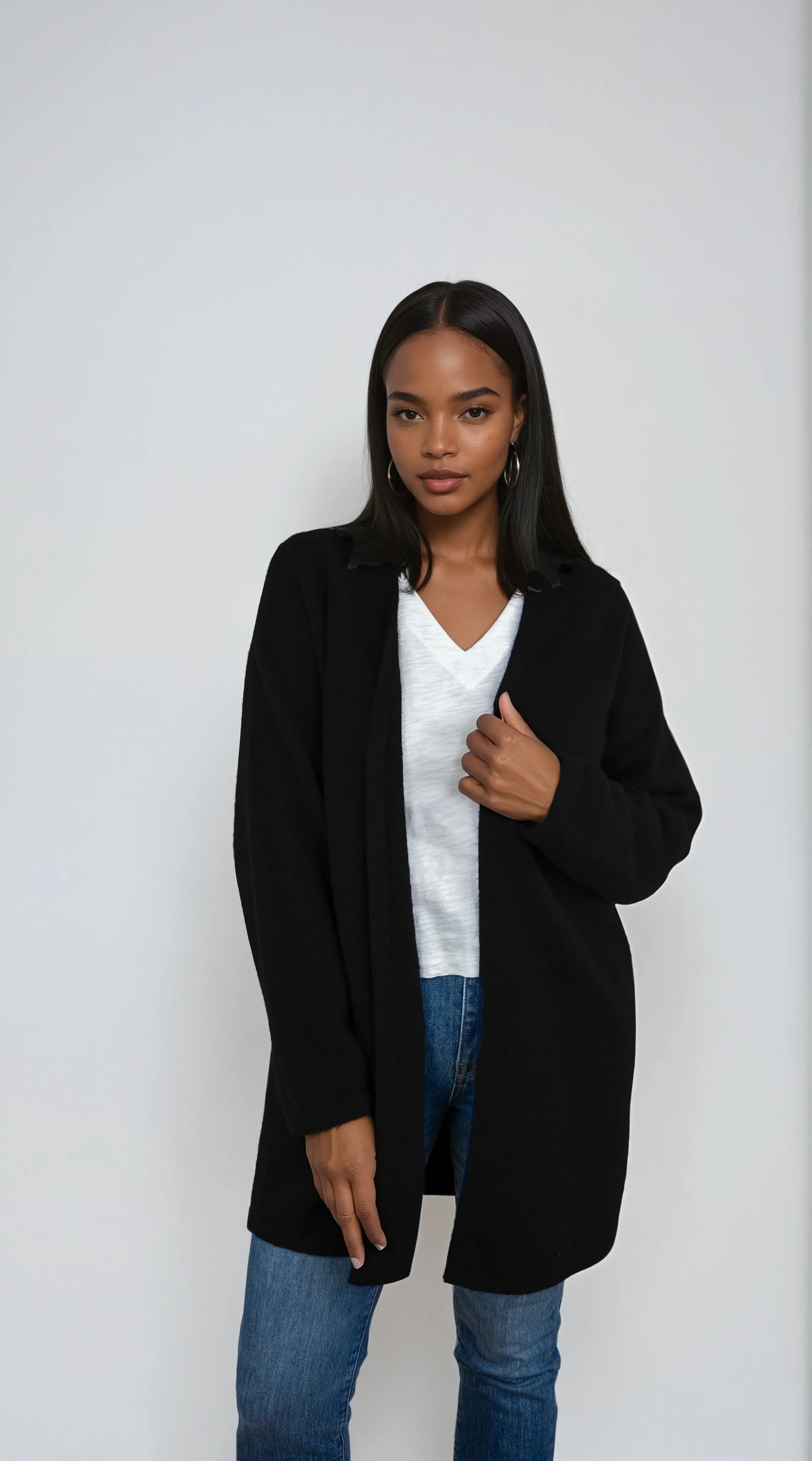 Minimalist cashmere robe coat with no buttons, designed in Telluride and made in the USA. Perfect for moms, errands, or cozy mornings.