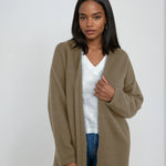 Minimalist cashmere robe coat with no buttons, designed in Telluride and made in the USA. Perfect for moms, errands, or cozy mornings.