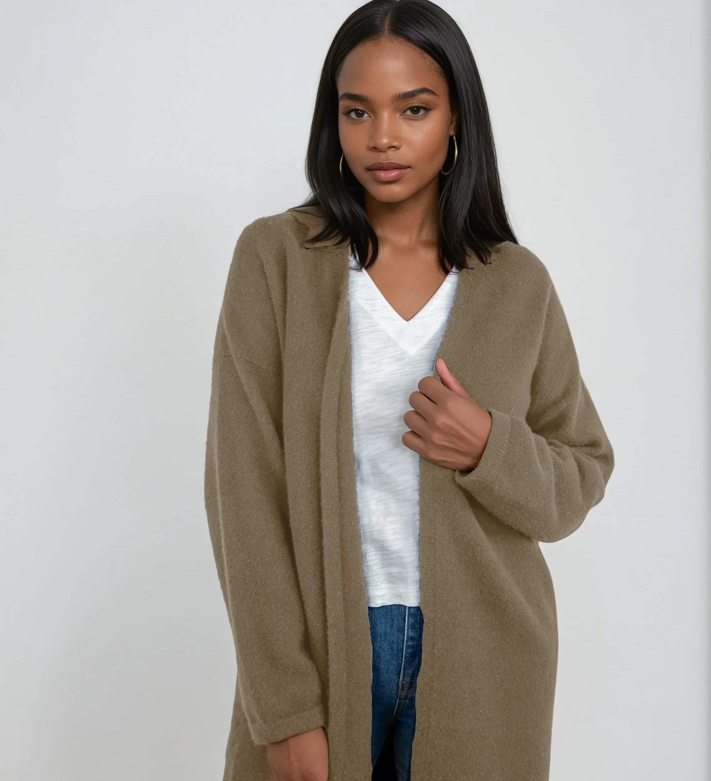 Minimalist cashmere robe coat with no buttons, designed in Telluride and made in the USA. Perfect for moms, errands, or cozy mornings.