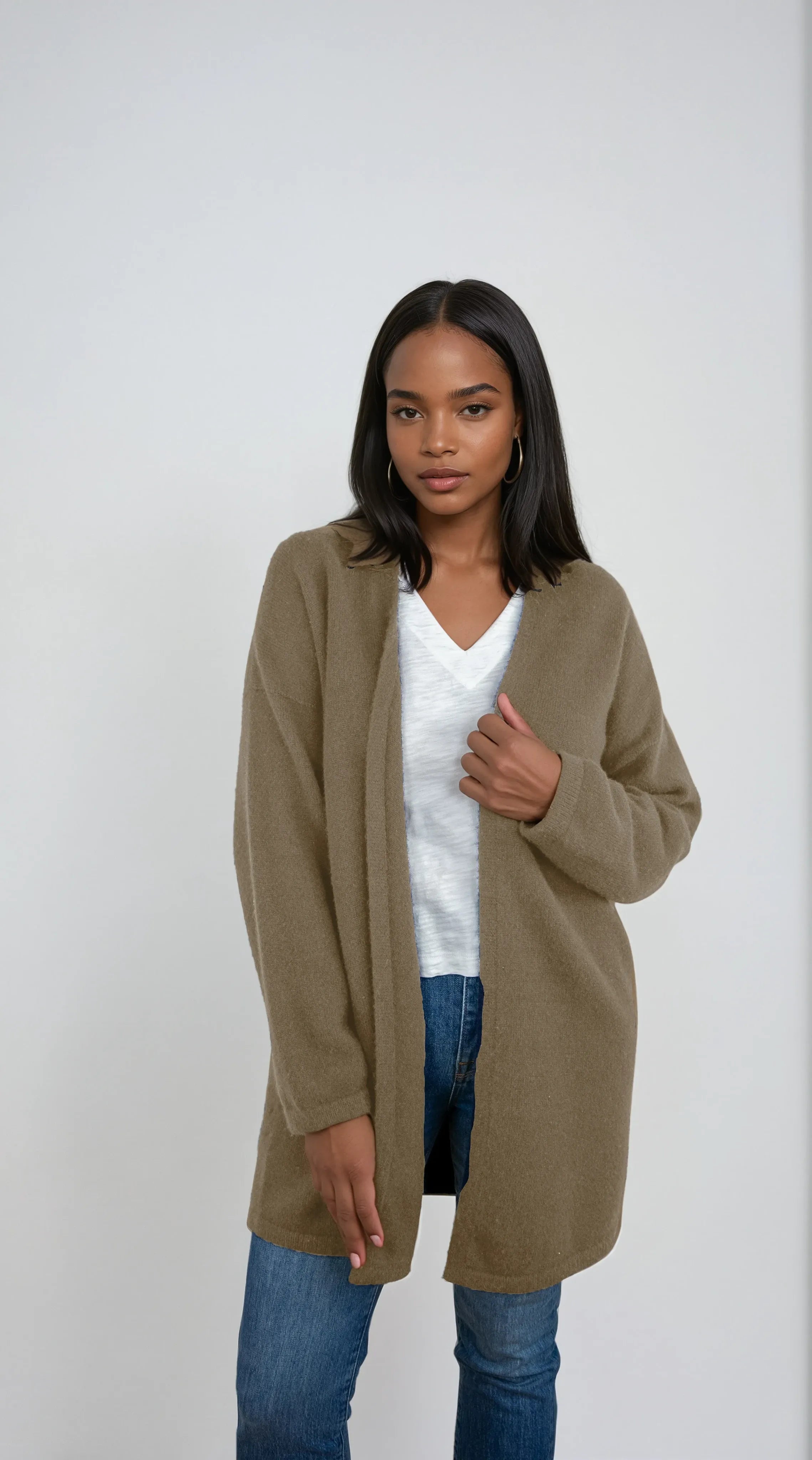 Minimalist cashmere robe coat with no buttons, designed in Telluride and made in the USA. Perfect for moms, errands, or cozy mornings.