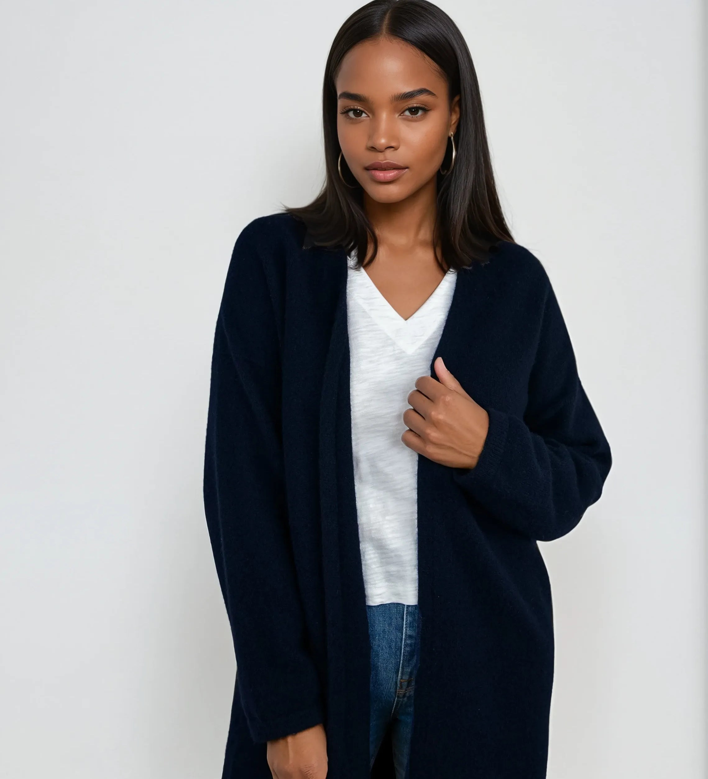Minimalist cashmere robe coat with no buttons, designed in Telluride and made in the USA. Perfect for moms, errands, or cozy mornings.