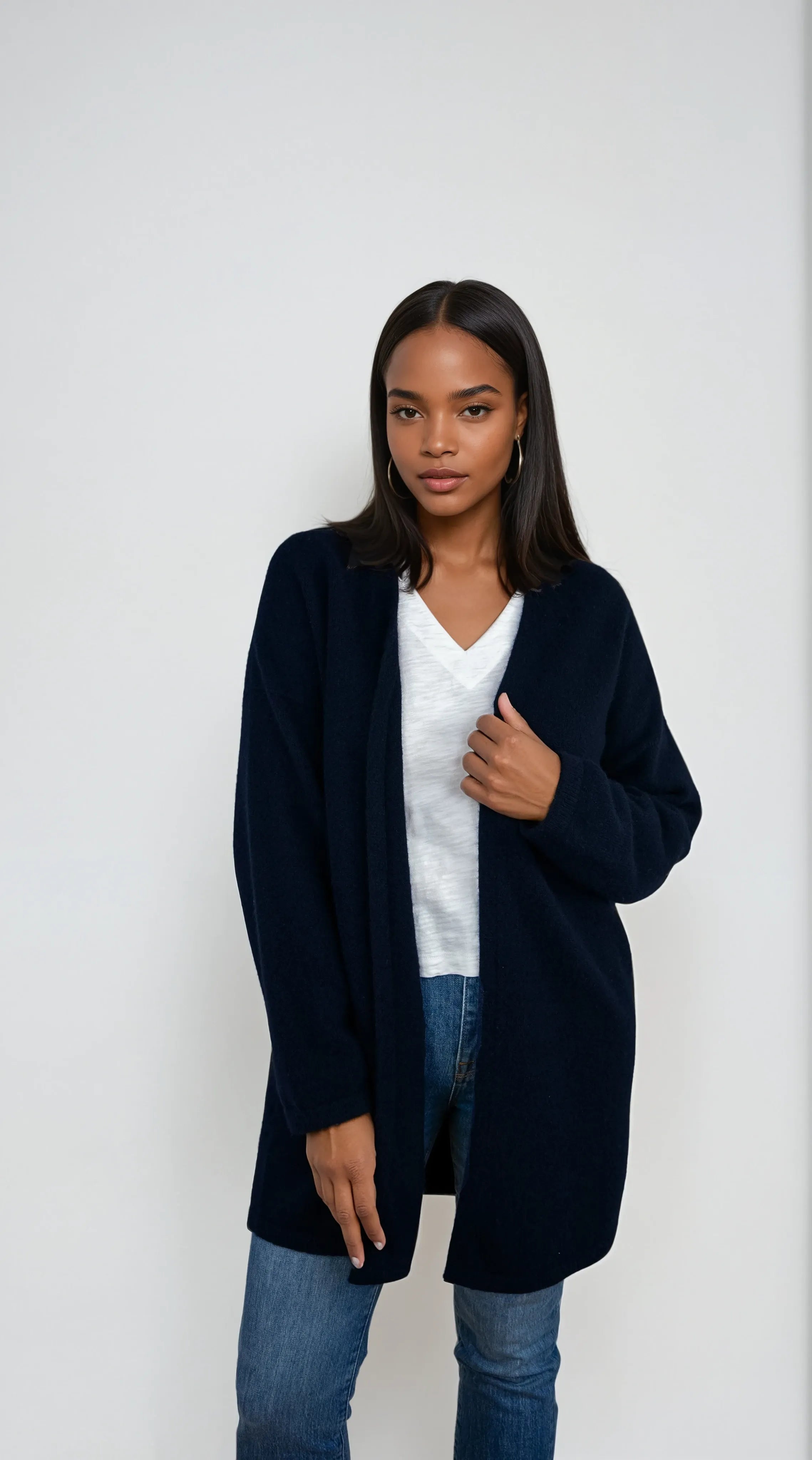 Minimalist cashmere robe coat with no buttons, designed in Telluride and made in the USA. Perfect for moms, errands, or cozy mornings.