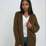Minimalist cashmere robe coat with no buttons, designed in Telluride and made in the USA. Perfect for moms, errands, or cozy mornings.