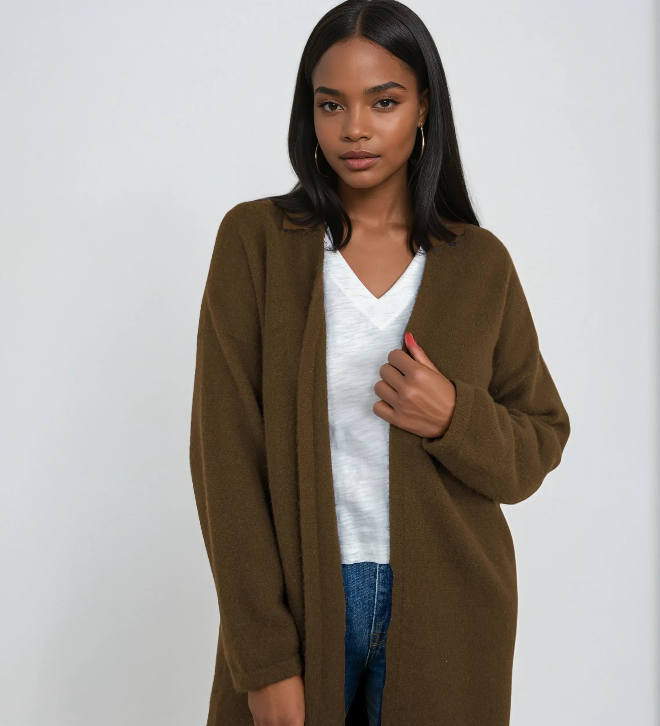 Minimalist cashmere robe coat with no buttons, designed in Telluride and made in the USA. Perfect for moms, errands, or cozy mornings.
