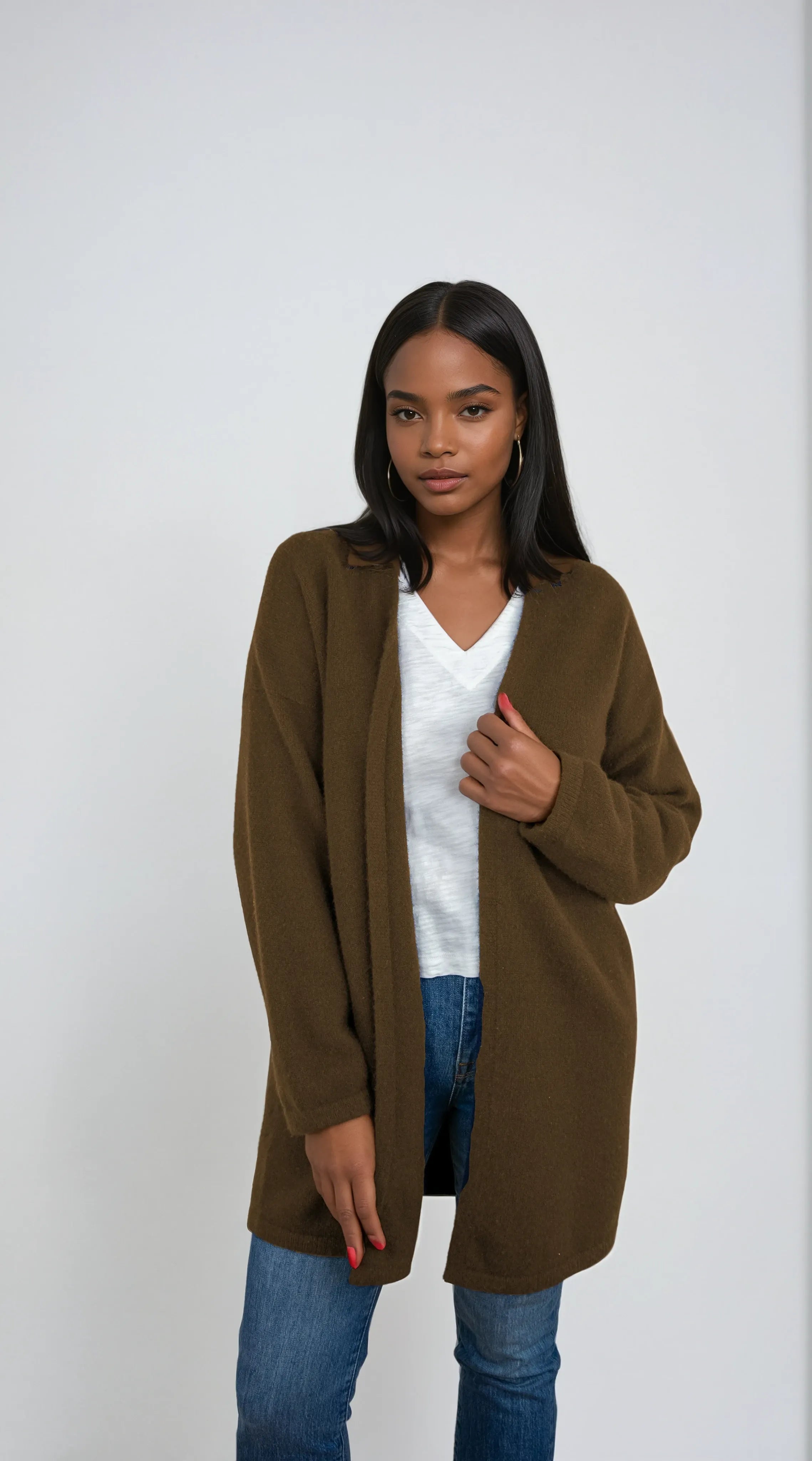 Minimalist cashmere robe coat with no buttons, designed in Telluride and made in the USA. Perfect for moms, errands, or cozy mornings.