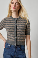 Lilla P short sleeve crewneck cardigan in wool alpaca with covered buttons