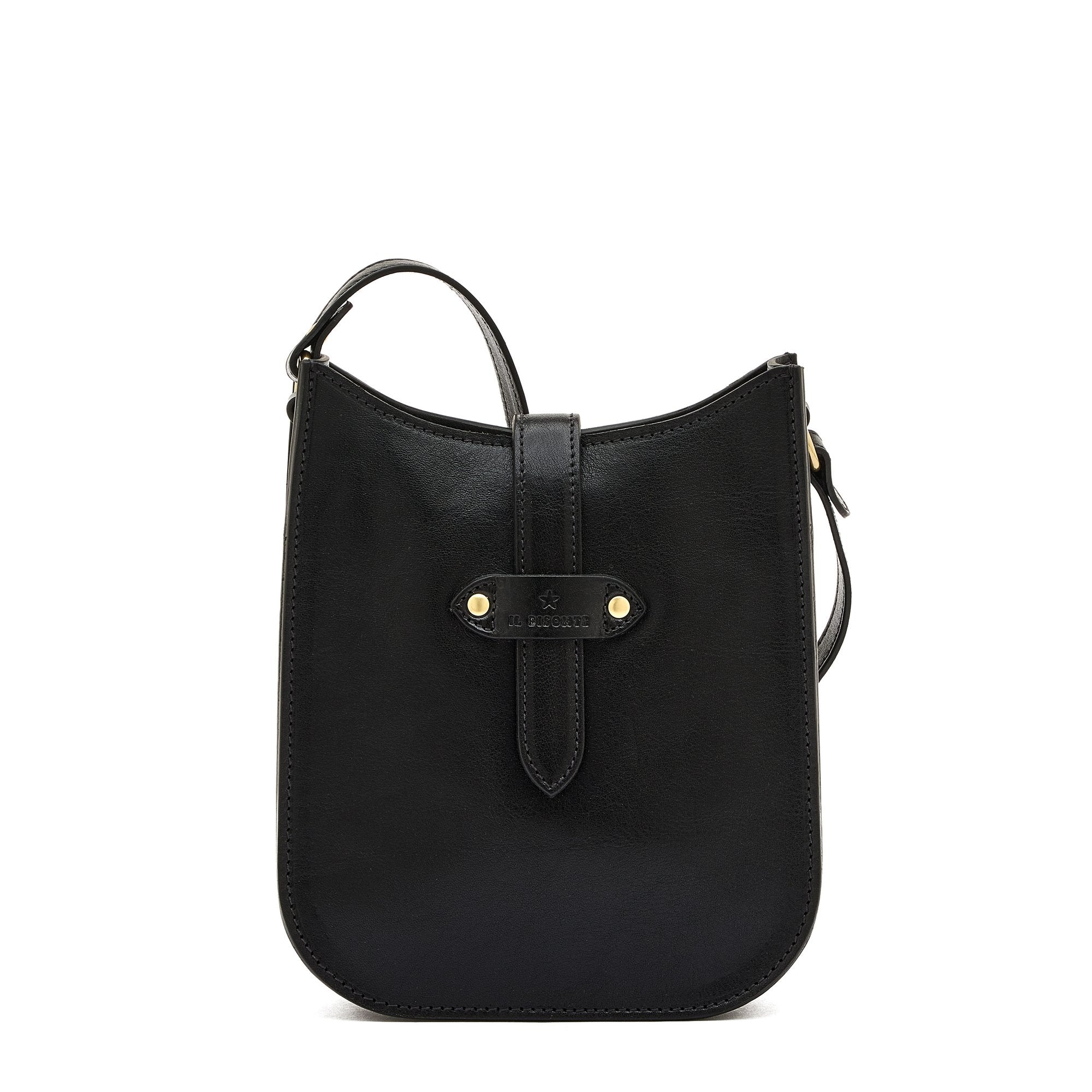 Side detail of the Il Bisonte Archivo Crossbody in Gianduia showing brass hardware, loop closure, and smooth vegetable-tanned leather.