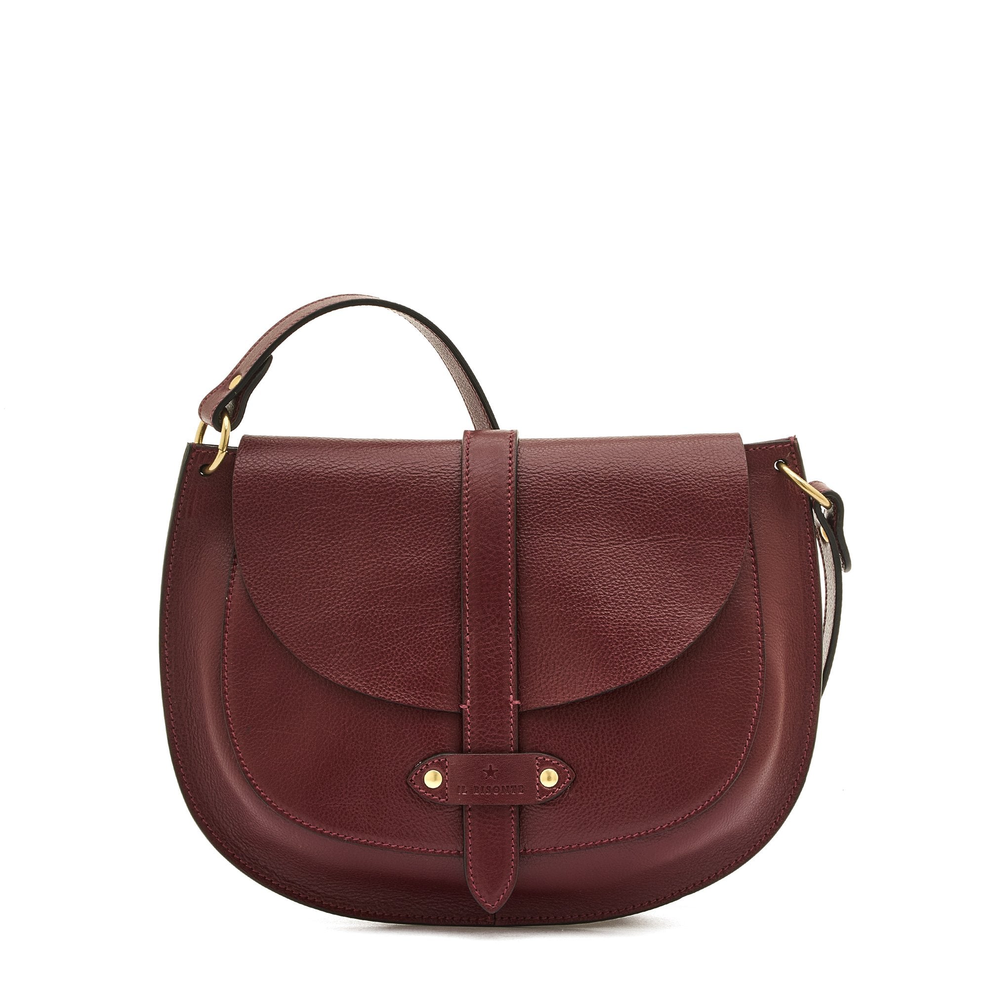 Side detail of the Il Bisonte Archivo Saddle Bag in Black Cherry showing magnetic closure, strap detail, and rich leather texture.