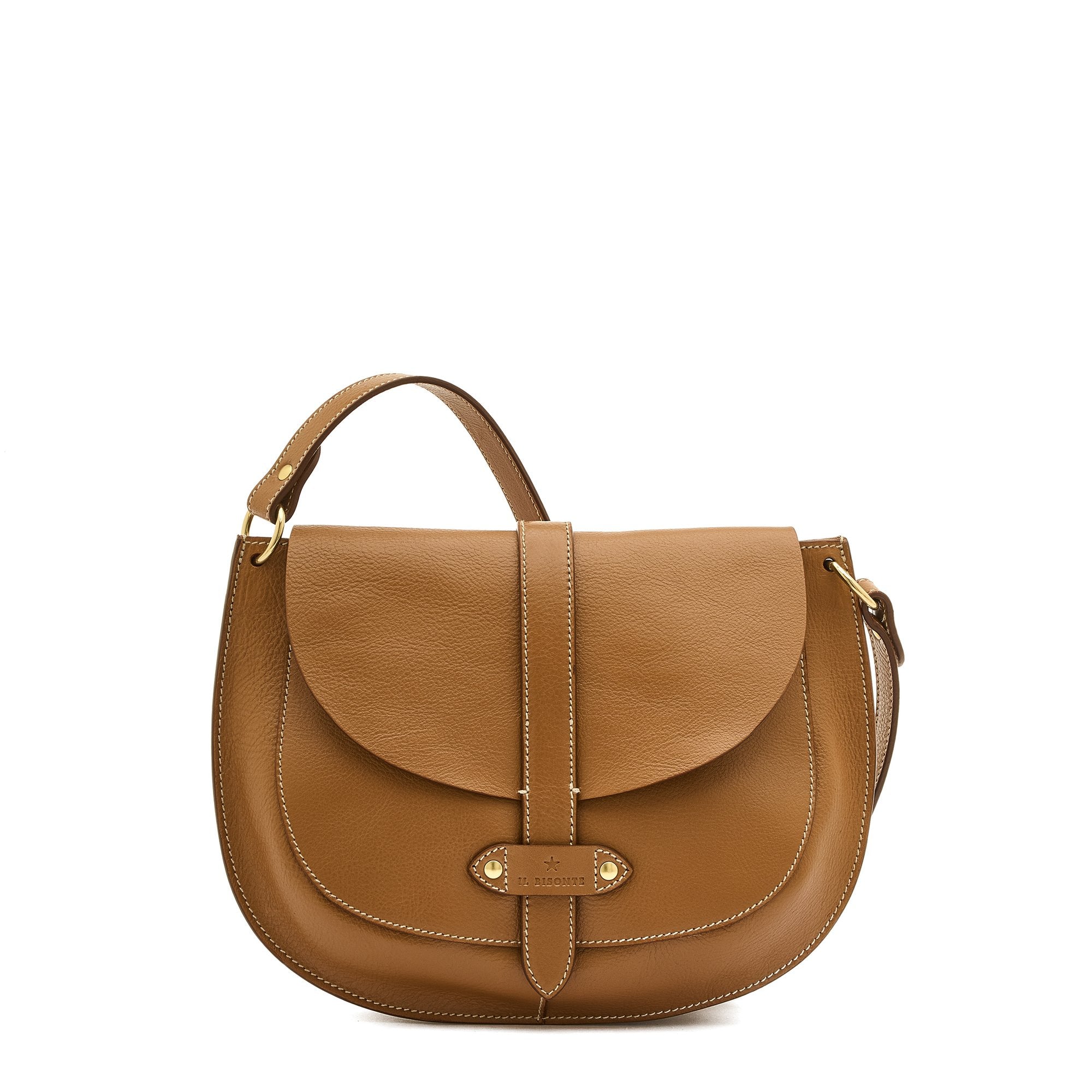 Side detail of the Il Bisonte Archivo Saddle Bag in Gianduia showing the studded strap and smooth leather finish.