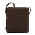 Front view of the Il Bisonte Brolio Men’s Crossbody Bag in Coffee, handmade in Tuscany from vegetable-tanned vintage cowhide with a suede-lined flap.