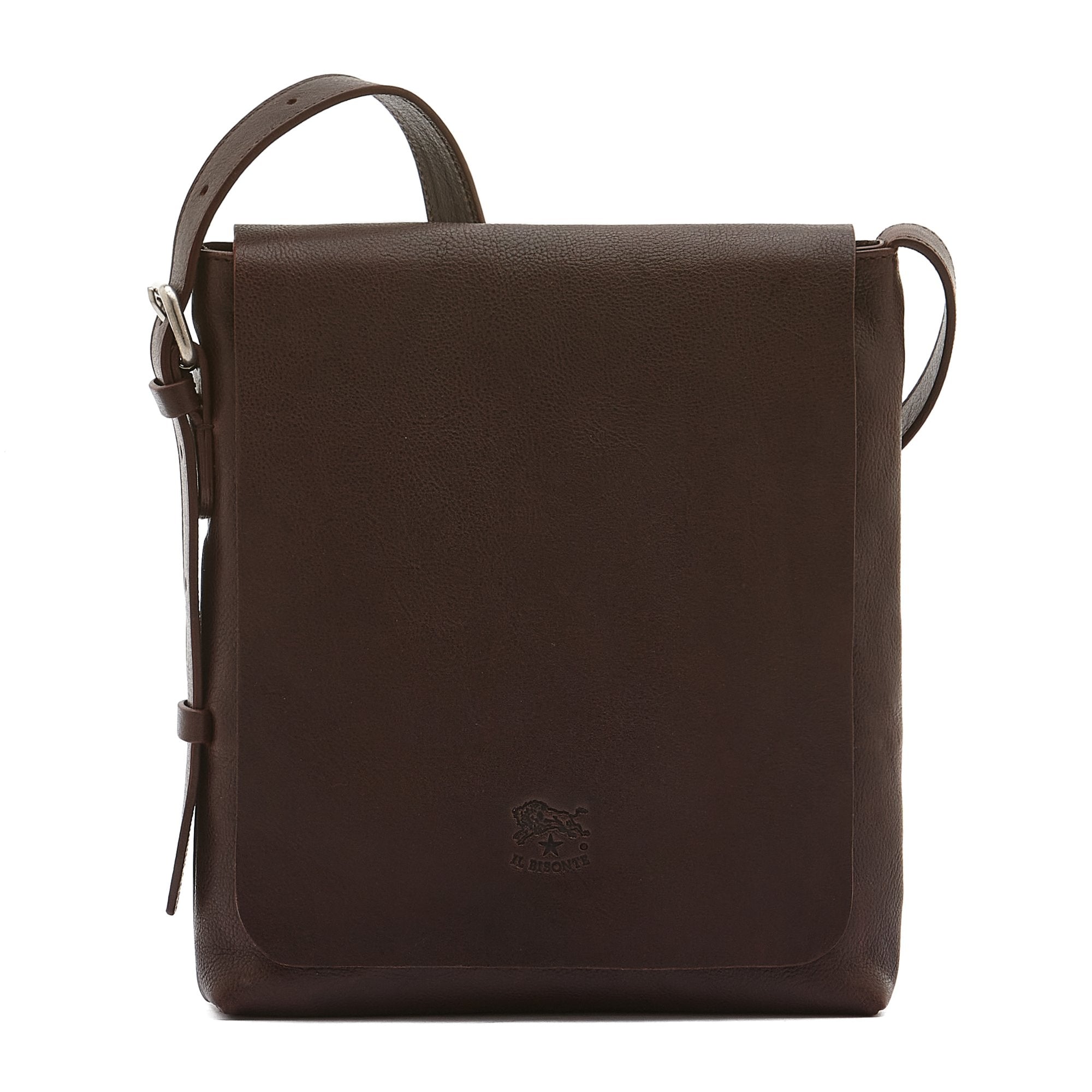 Front view of the Il Bisonte Brolio Men’s Crossbody Bag in Coffee, handmade in Tuscany from vegetable-tanned vintage cowhide with a suede-lined flap.