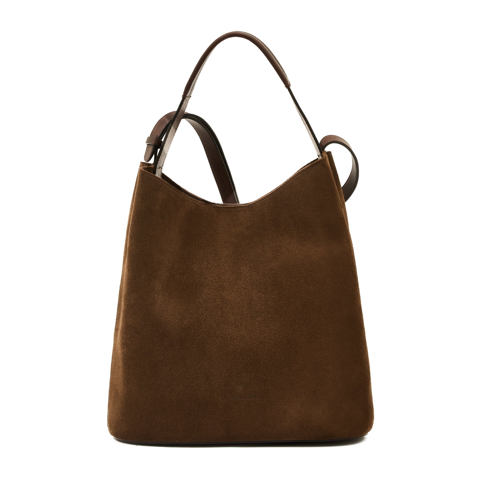 Front view of the Il Bisonte Le Laudi Bucket Bag in Caffè, crafted in Tuscany from vegetable-tanned cowhide with a minimalist bucket shape.