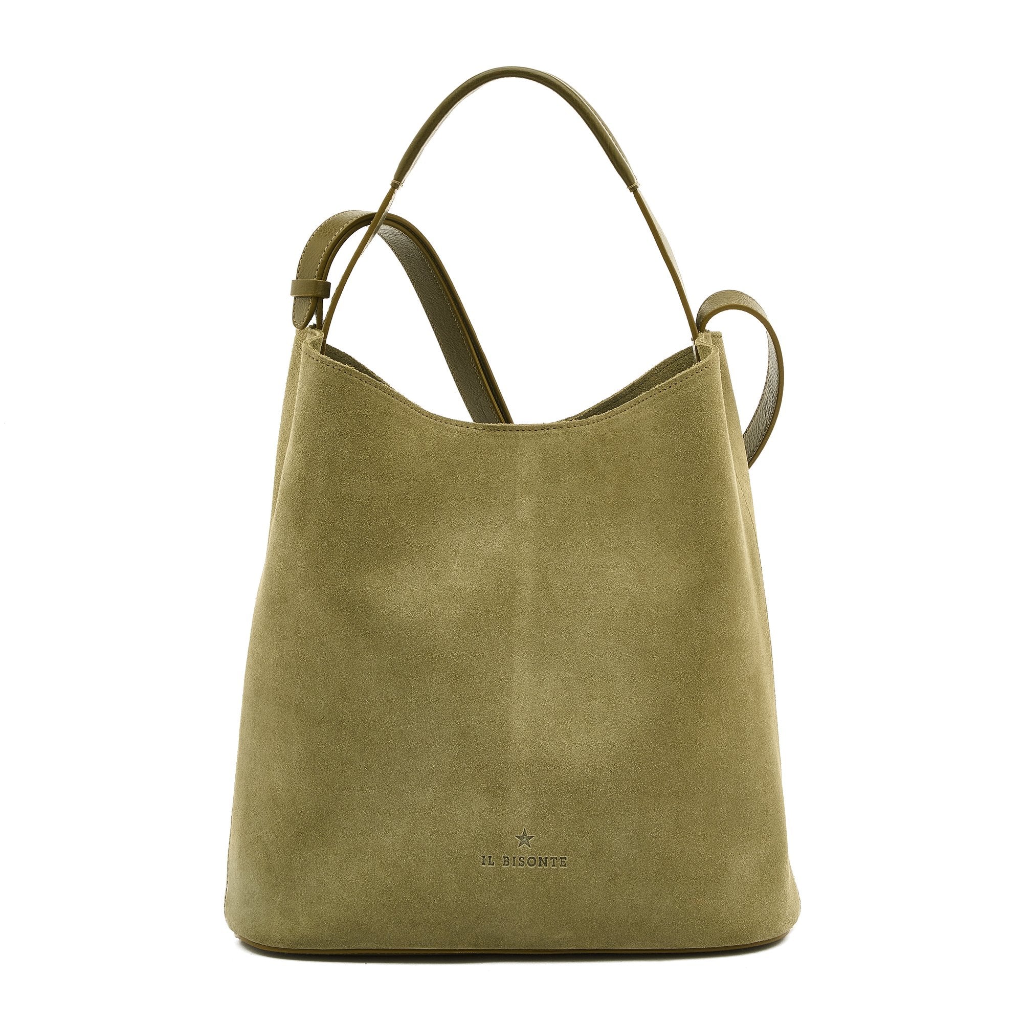 Front view of the Il Bisonte Le Laudi Bucket Bag in Verde, handmade in Tuscany from vegetable-tanned Italian leather with a clean, sculptural silhouette.