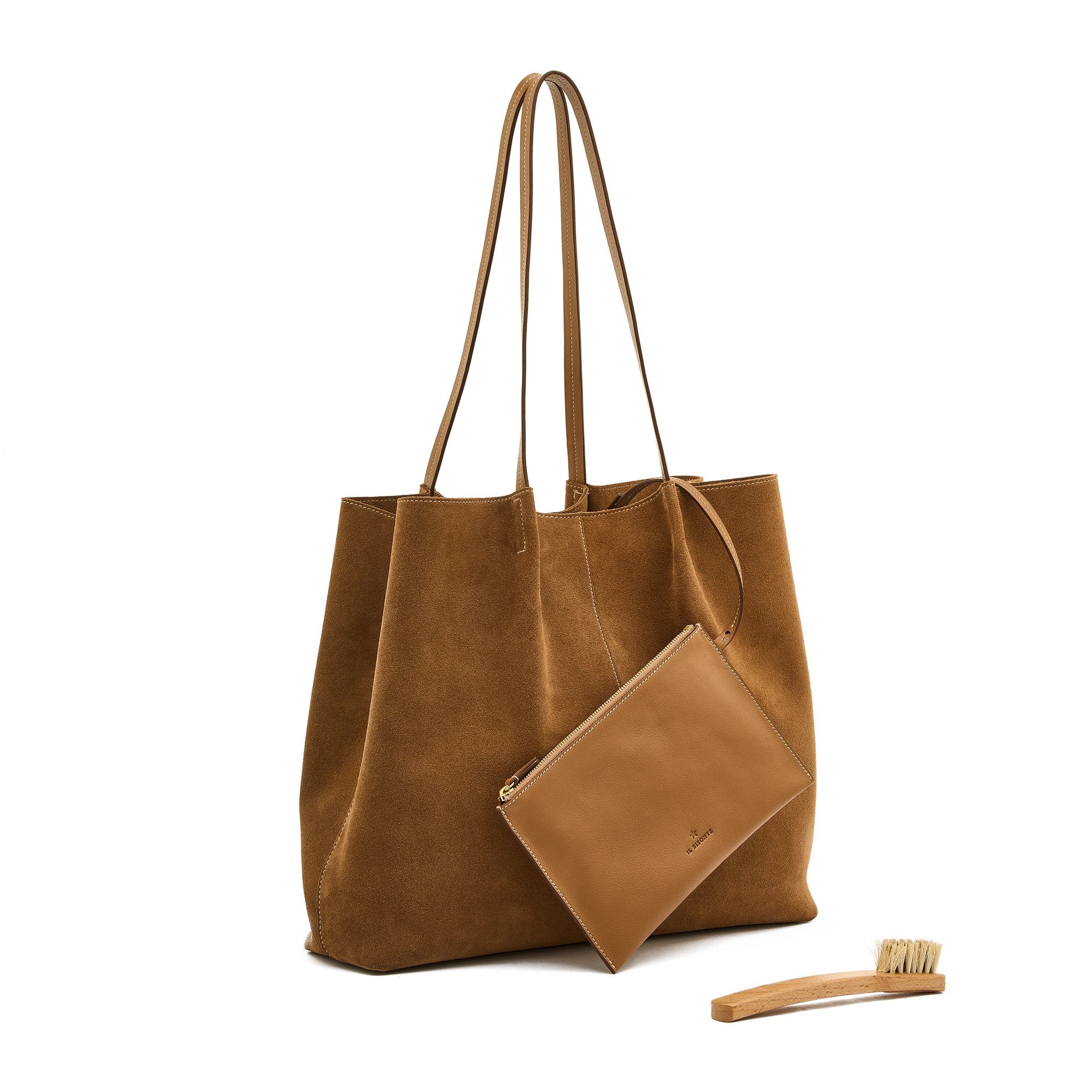 Front view of the Il Bisonte Nina Tote Bag in Gianduia suede, featuring hand-stitched pleats, vegetable-tanned leather handles, and a spacious Italian-made design.