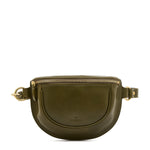 Front view of the Il Bisonte Oliveta Fanny Pack in Verde, crafted in Tuscany from vegetable-tanned Italian cowhide with adjustable studded strap.