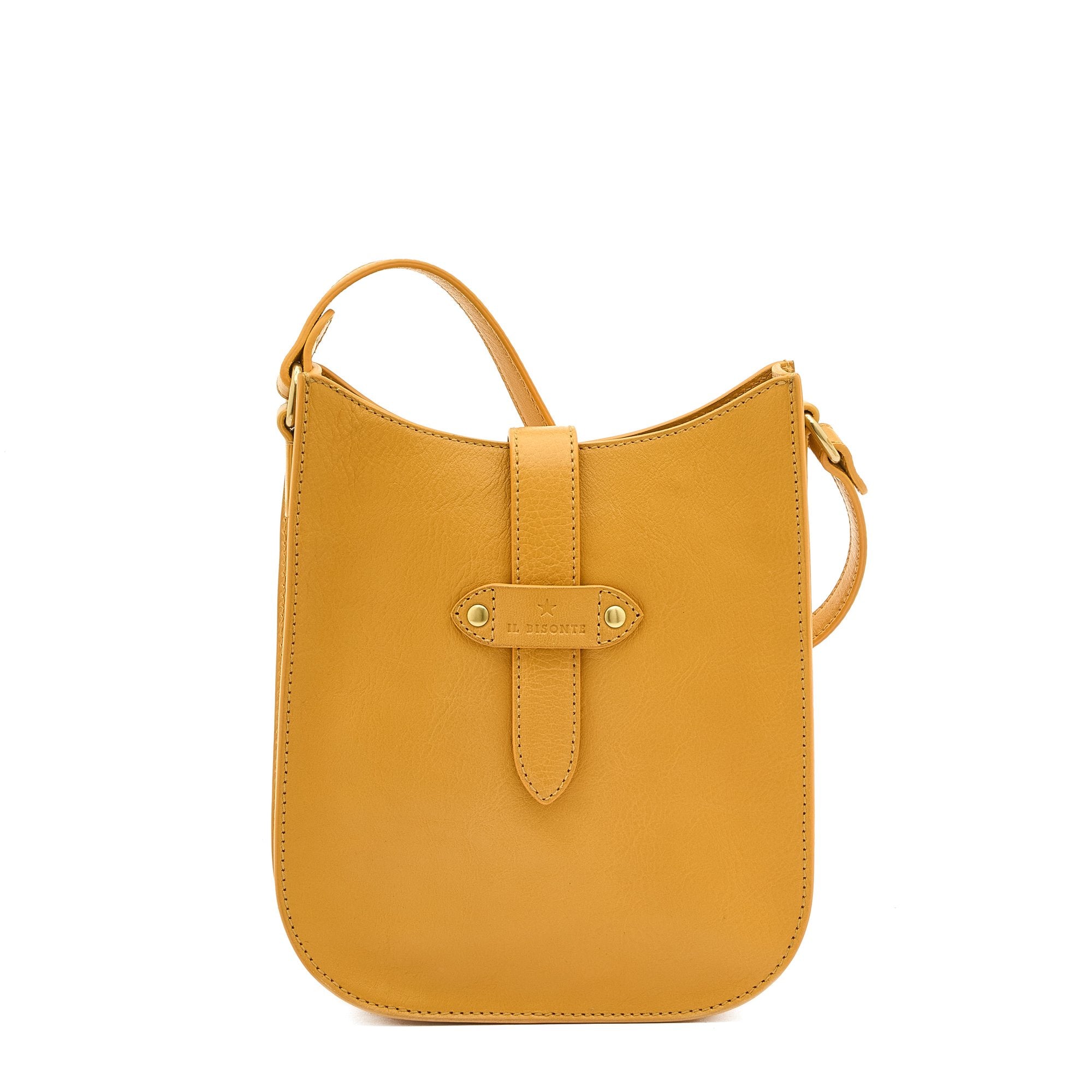 Side detail of the Tan Il Bisonte Archivo Crossbody showing brass hardware, loop closure, and smooth vegetable-tanned leather.