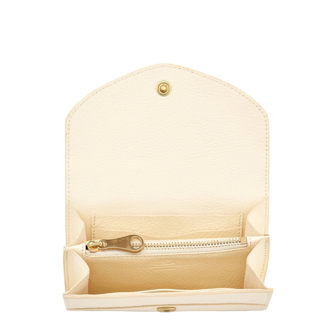 Handcrafted Il Bisonte wallet showing wave-contoured card slots and cotton canvas lining.