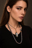 Simon Alcantara Suspended Atmosphere Necklace – Phantom Lodolite, Aquamarine & Bronze Freshwater Pearl on Black Cord with Handwoven Gold Cord