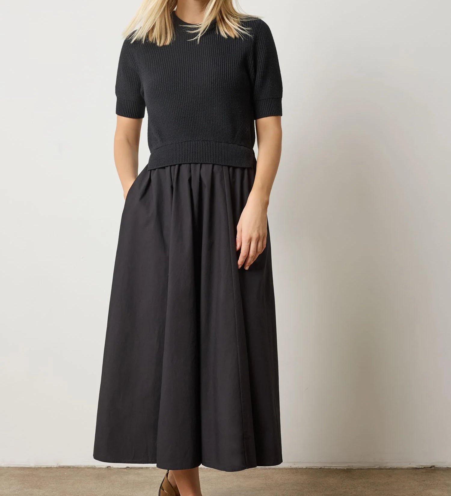 Mixed media dress in black – cotton knit sweater top with crisp black poplin skirt, one-piece styling from CashmereRED Telluride

