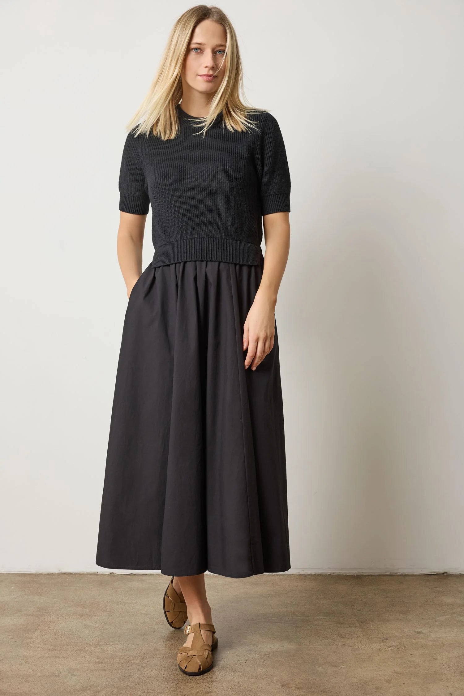 Mixed media dress in black – cotton knit sweater top with crisp black poplin skirt, one-piece styling from CashmereRED Telluride

