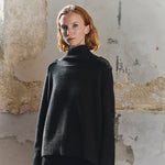 Front view of the Sphere One Episode Sweater in Chocolate Velvet, a cropped 100% cashmere knit with wide rib cuffs and velvet shoulder patches.