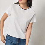 Women's relaxed cotton t-shirt by Lilla P in white with rolled crew neckline and contrast detail