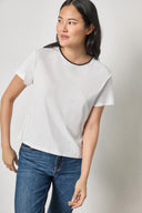Women's relaxed cotton t-shirt by Lilla P in white with rolled crew neckline and contrast detail