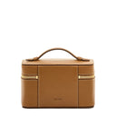 Brown leather travel case with gold zipper on a white background