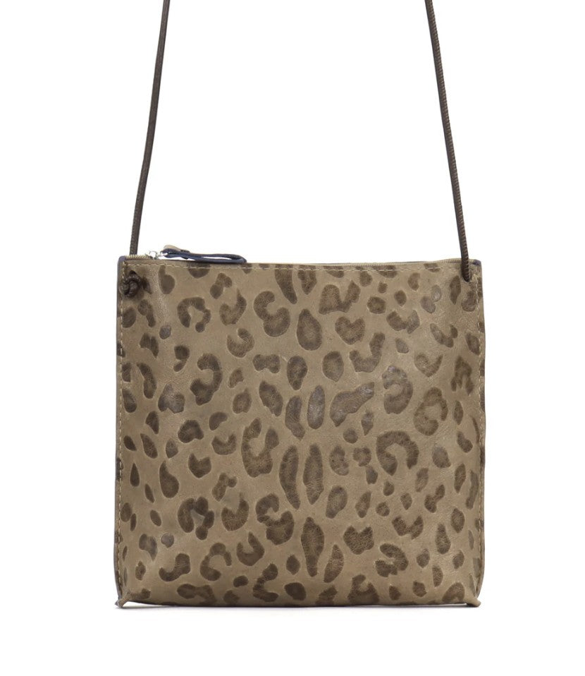 Women's leather pouch bag by B.May in mushroom leo pattern with crossbody strap