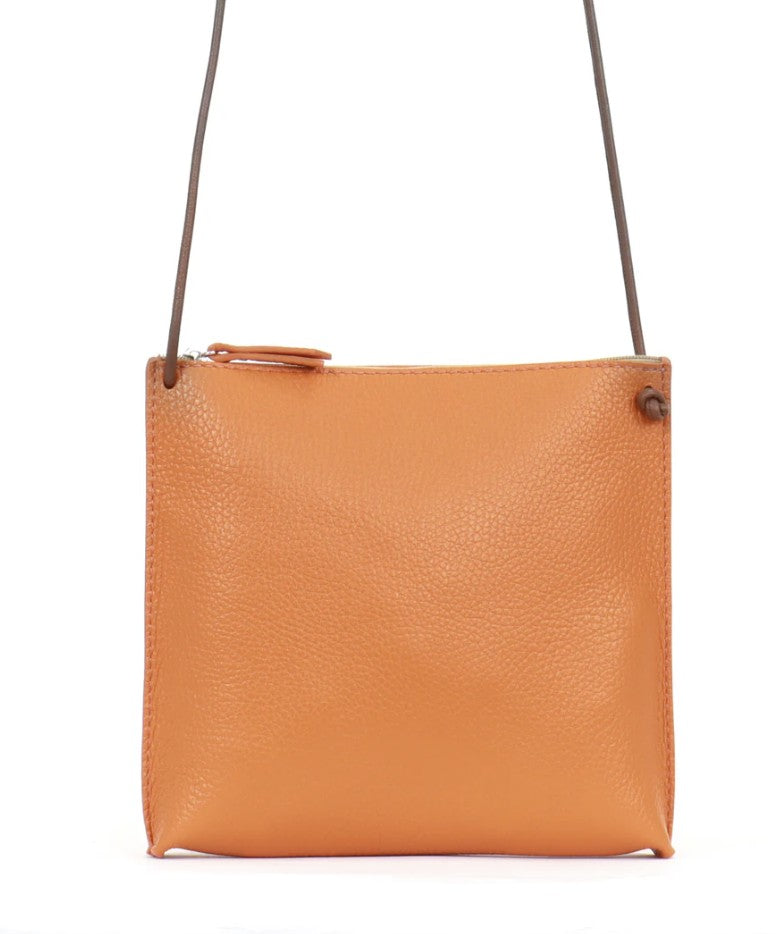 Women's leather crossbody pouch by B.May in tangerine pebbled leather with minimalist design
