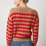 Back view of camel stripe eco-cotton knit crewneck sweater with textured stitch by Lilla P.