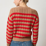 Back view of camel stripe eco-cotton knit crewneck sweater with textured stitch by Lilla P.