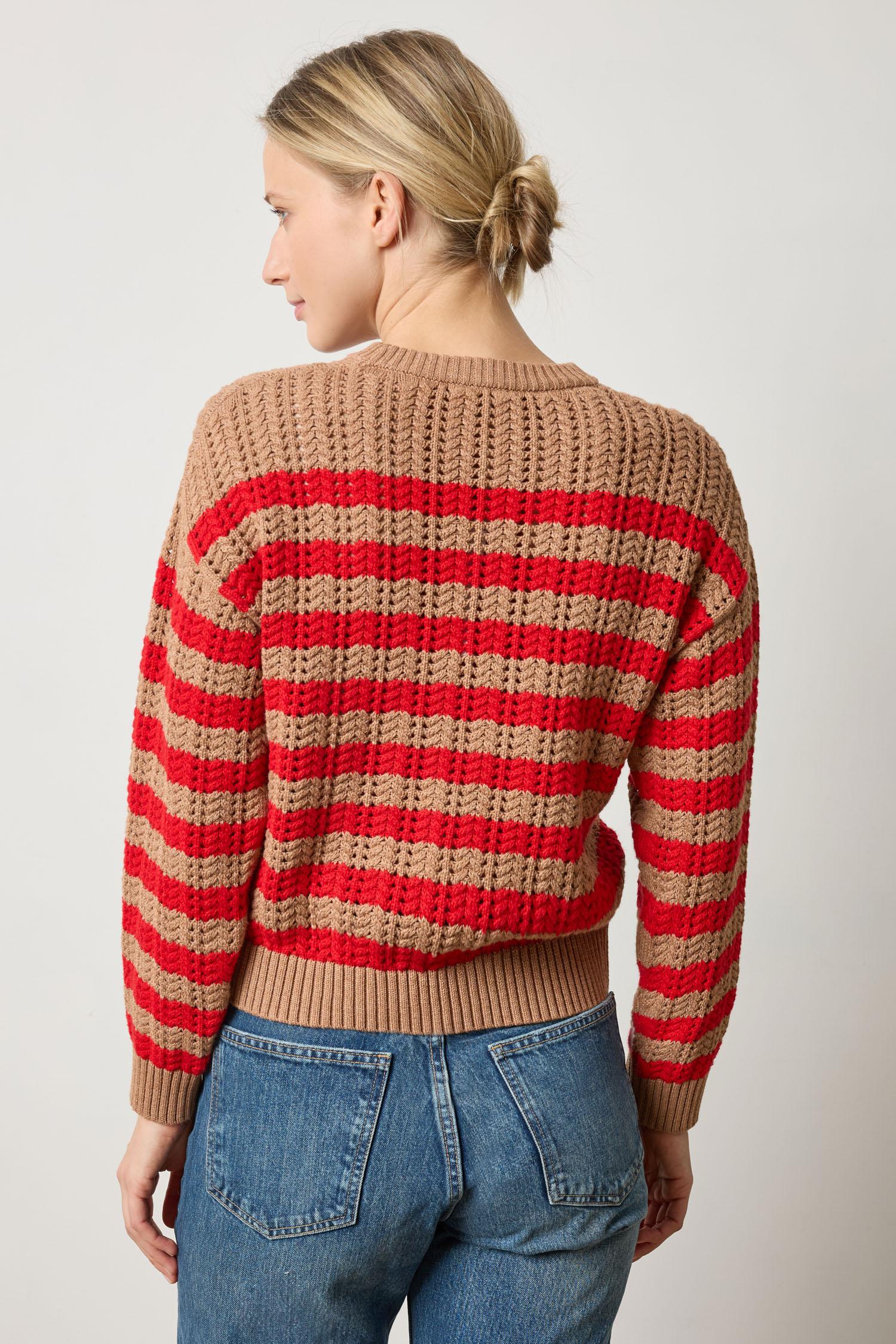 Back view of camel stripe eco-cotton knit crewneck sweater with textured stitch by Lilla P.