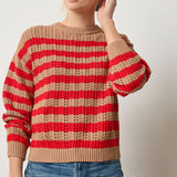 Front view of camel stripe eco-cotton knit crewneck sweater with textured stitch by Lilla P.