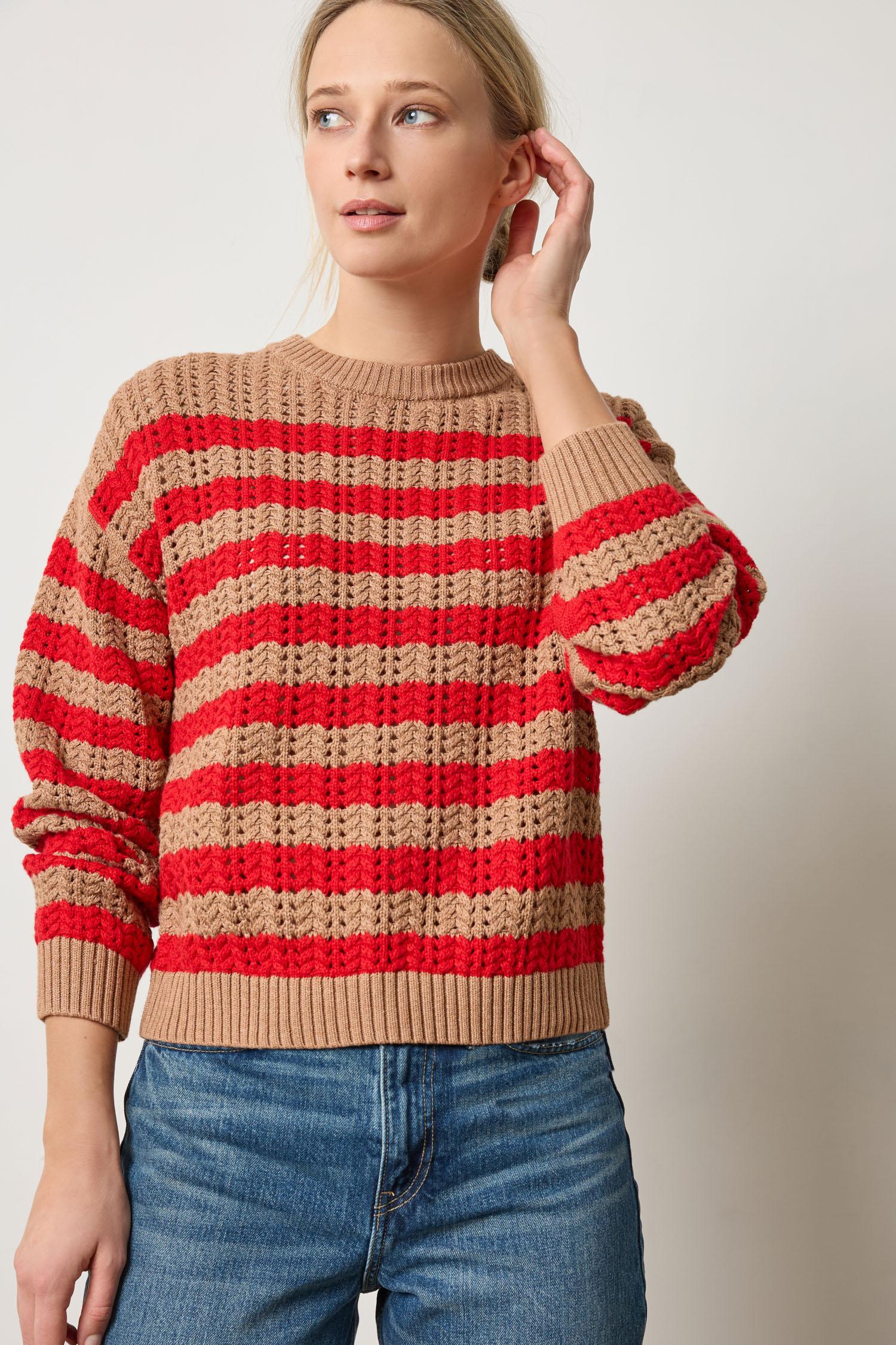 Front view of camel stripe eco-cotton knit crewneck sweater with textured stitch by Lilla P.